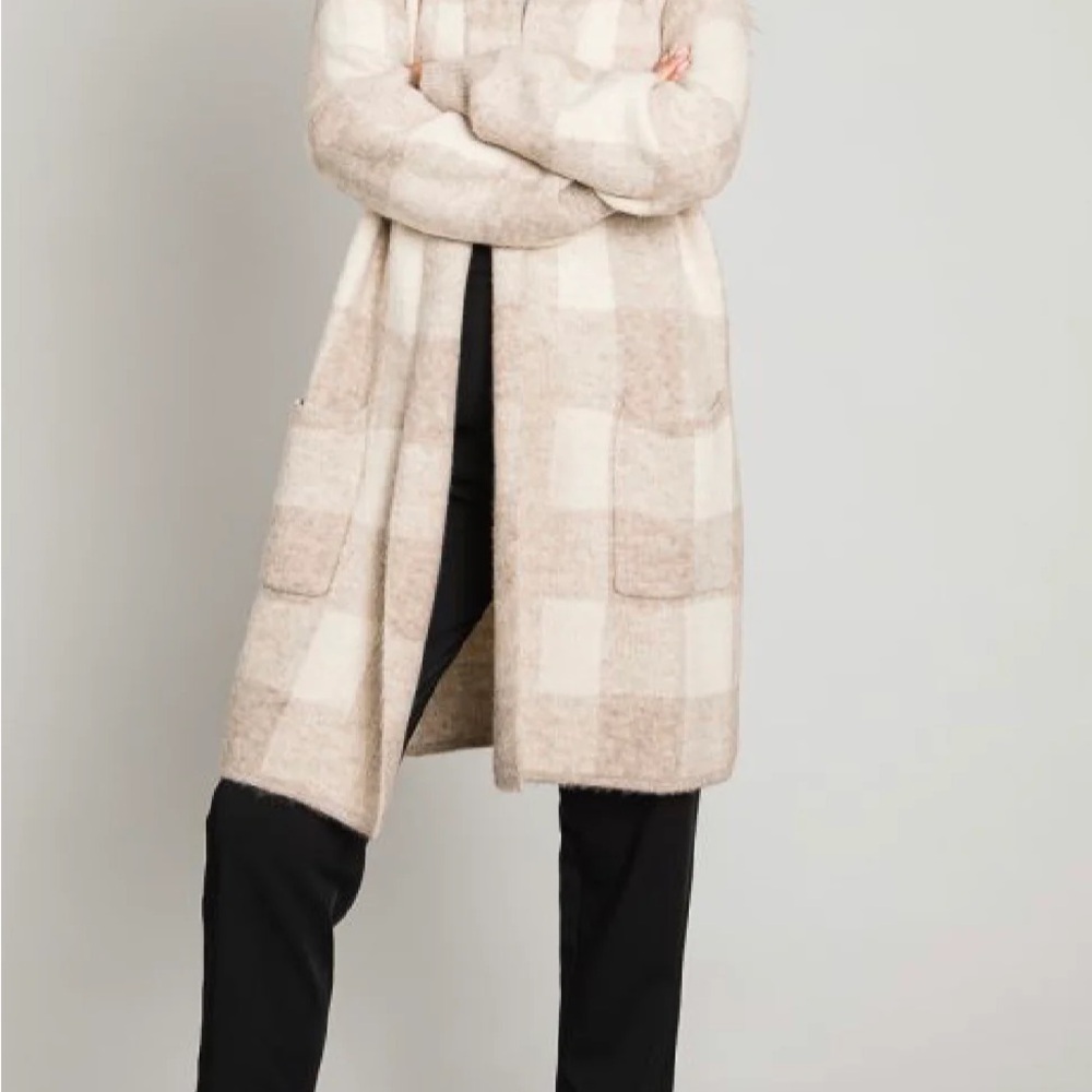 Womens 89th & Madison Sweater M Long Sleeve Beige/White Open Front Cardigan